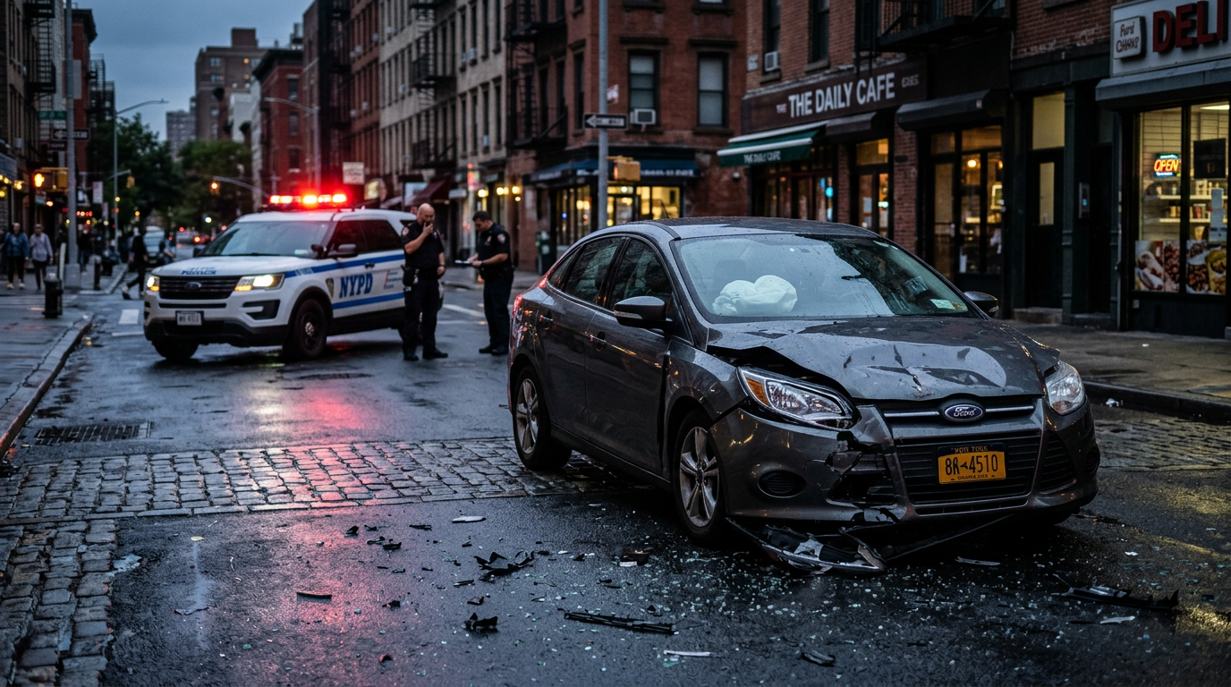 Damaged car stopped on a street after a hit-and-run accident with no other vehicle present