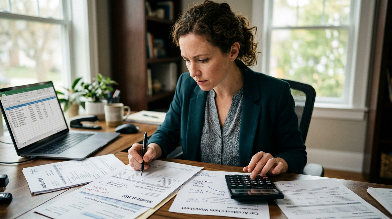 Person reviewing medical bills and insurance documents to calculate a car accident claim value
