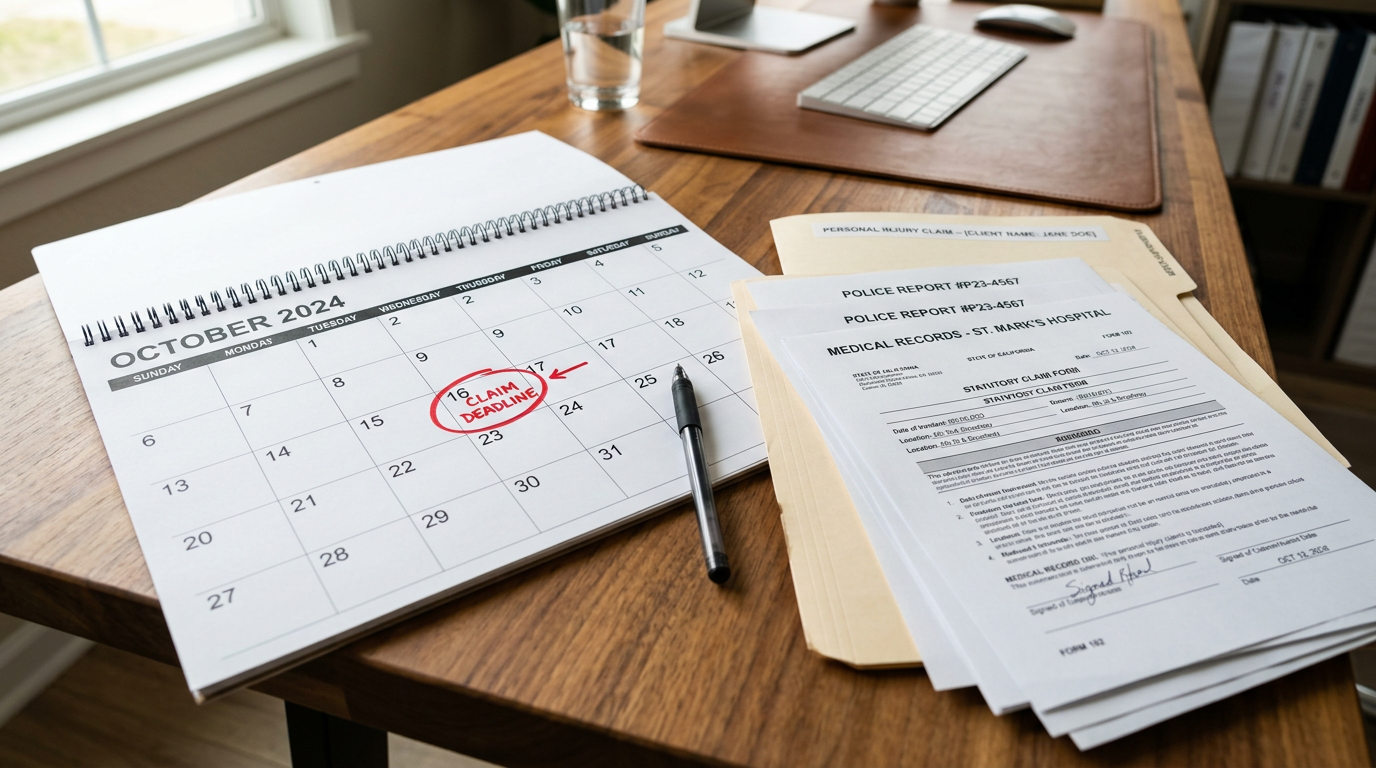Calendar with a circled deadline date next to legal documents for a car accident claim