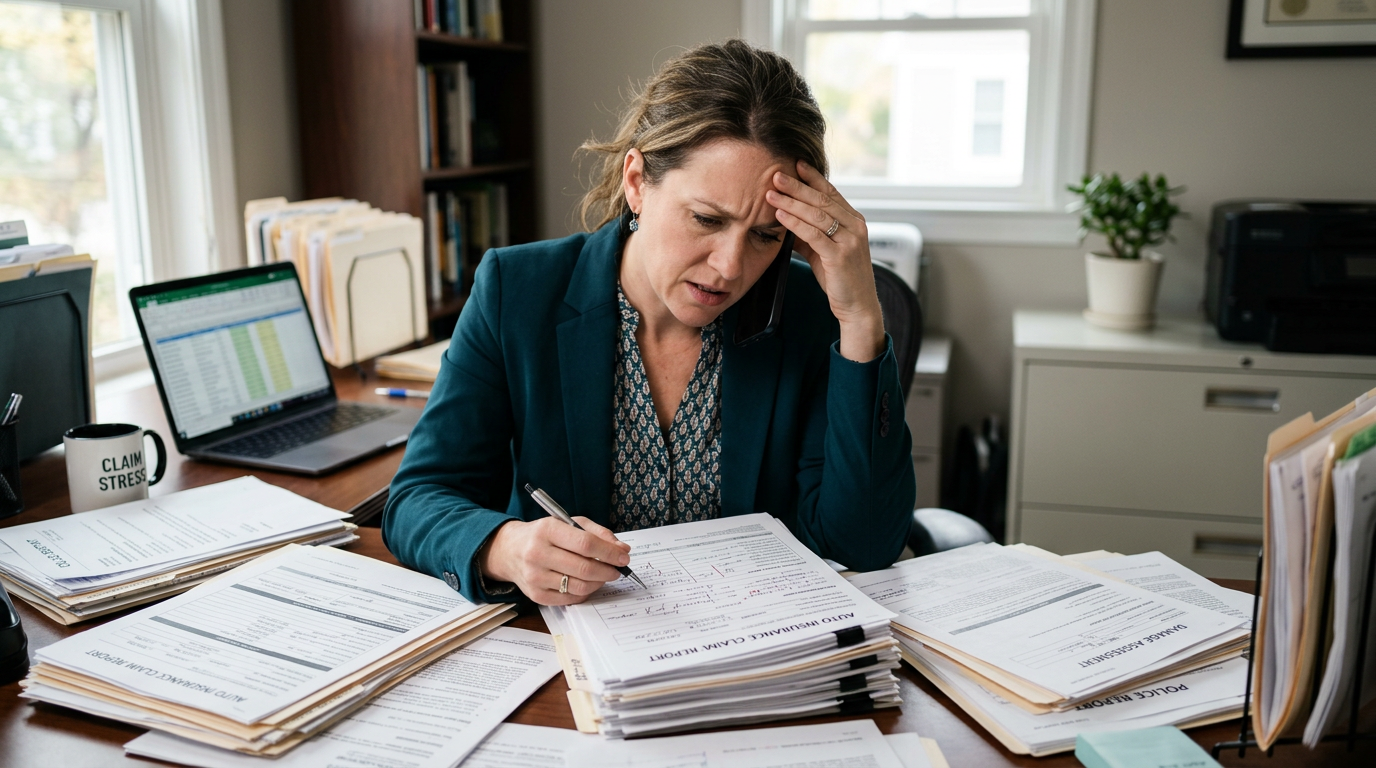 Person on a phone call looking stressed while reviewing paperwork after a car accident claim
